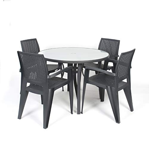 CREVICOSTA QUALITY MARK MARCAS DE CALIDAD Set/Conjunto JARDÍN Mesa Cristal Templado Blanco Y 4 SILLONES Caribe Antracita. CREVICOSTA QUALITY MARK MARCAS DE CALIDAD Set/Conjunto JARDÍN Mesa Cristal Templado Blanco Y 4 SILLONES Caribe Antracita.