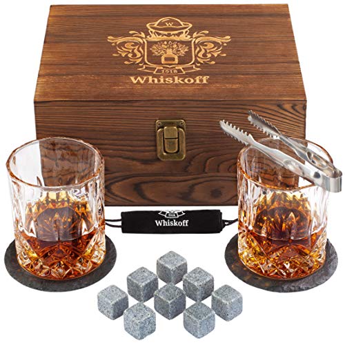 Juego de 2 vasos de whisky Twist. Set de regalo de piedras de whisky Bourbon. Juego de pinzas, posavasos, piedras de enfriamiento y gafas de bar - vaso de whisky en caja de regalo de madera