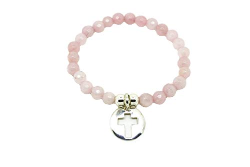 Kokomorocco Pulsera Medalla Cruz de Plata de Ley con Cuarzo Rosa, Regalo comunión, Regalos Originales, enviado con Caja y Bolsa de Regalo Incluido