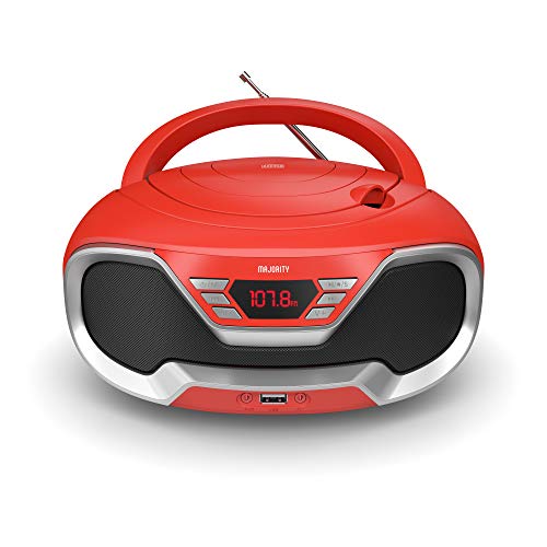 Majority Eaton – Radio Cassette Reproductor CD portátil, Bluetooth, Radio FM, Conector AUX 3,5 mm y USB, Equipo de música con Cable y Pilas, con Altavoces estéreo, para Adultos y niños (Rojo)