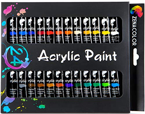 Set de 24 Tubos de Pinturas Acrilicas Zenacolor - 24 colores x 12mL - Pintura de Calidad Superior, No Tóxica - Fáciles de Usar en Lienzo, Tela, Cerámica, Arcilla, Madera, Nail Art y Manualidades.