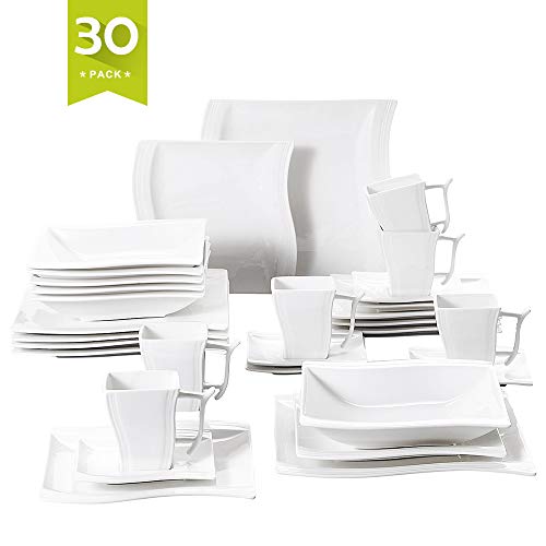 Malacasa, Serie Flora, Vajilla de Porcelana, 30 Piezas, Juego de Café, con 6 Tazas, 6 Platos Llanos, 6 Platos, 6 Platos de Postre, 6 Platos de Hondos, para 6 Personas Color Blanco