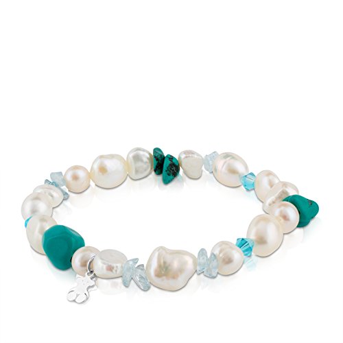 TOUS Pearls - Pulsera de Plata de Primera Ley con  Perlas Cultivadas y Turquesas - Largo: 17,5 cm