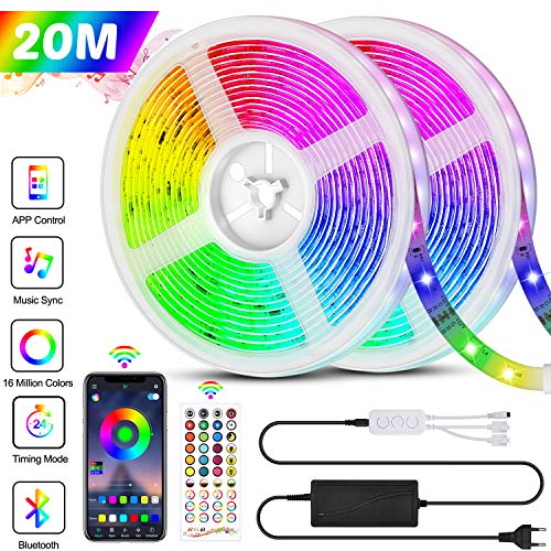 Bonve Pet 20M Tiras LED RGB 5050, Bluetooth Musical Tiras LED 24V 600 LEDs Tiras de Luces LED Iluminación, Control de APP y Remoto Control de 40 Teclas, 16 Millones de Colores, Modo de Horario