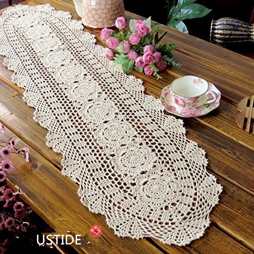 Ustide - Juego de 2 tapetes de mesa de ganchillo, artesanales, hechos con algodón, con diseño ovalado de encaje floral, algodón, Blanco, 11"X39"(30cmX100cm) Ustide - Juego de 2 tapetes de mesa de ganchillo, artesanales, hechos con algodón, con diseño ovalado de encaje floral, algodón, Blanco, 11"X39"(30cmX100cm)
