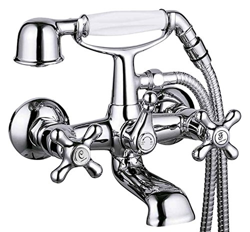 Clever Grifo de baño ducha bimando mural, 2 salidas de agua, incluye teléfono, flexo y soporte a pared Clever Grifo de baño ducha bimando mural, 2 salidas de agua, incluye teléfono, flexo y soporte a pared