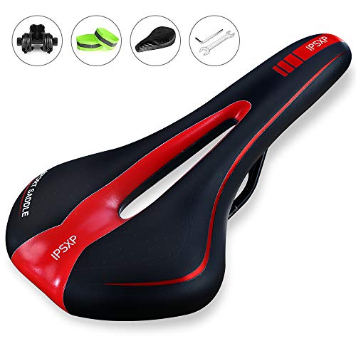 IPSXP Asiento de Bicicleta, Sillín de Asiento de Bicicleta de Gel, Cómodo Acolchado de Espuma de Memoria con los Resortes, Cojín de Silicona de Bici/MTB Respirable Bike Seat Saddle (Negro + Rojo)