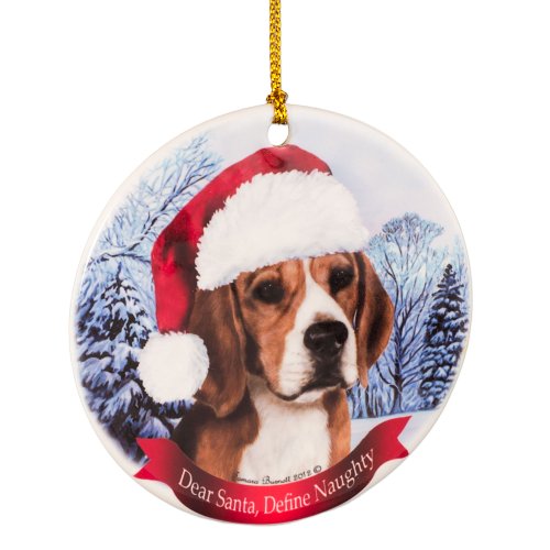 Perro en sombrero de Papá Noel adorno de porcelana para colgar (Beagle)
