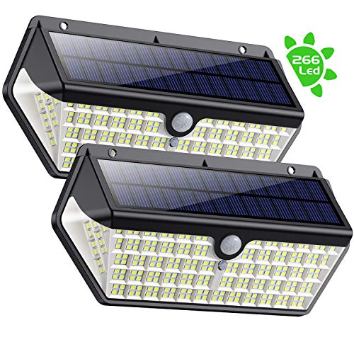 SWEYE Luz Solar Exterior 266LED,【Nueva Versión-Super Brillante 2500lm/2200mAh】Lámpara Solar Jardín Impermeable IP65 con 3 Modos Inteligentes Focos Exterior Solares con Sensor de Movimiento 2-Paquete