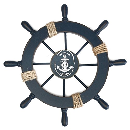 ULTNICE Decoración de la pared del hogar del timón de la nave del barco de madera mediterráneo (azul marino) ULTNICE Decoración de la pared del hogar del timón de la nave del barco de madera mediterráneo (azul marino)
