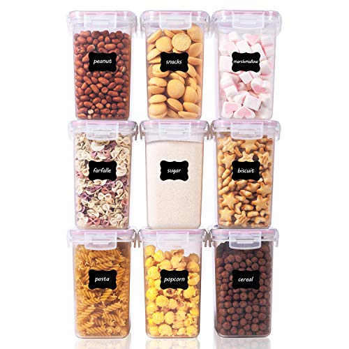 Vtopmart 1.6L Recipientes para Cereales Almacenamiento de Alimentos, Jarras de Almacenamiento de Plástico con Tapa Hermética Sin BPA,Juego de 9 + 24 Etiquetas, para harina,café (Rosado)
