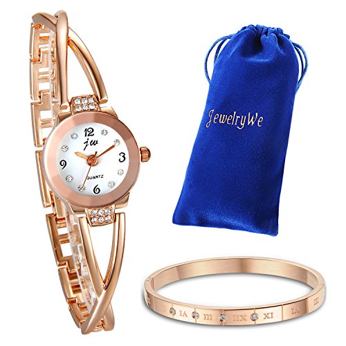 JewelryWe Juego de Pulsera con Reloj Oro Rosa, Moda Reloj de Diamantes Brillantes con Pulsera