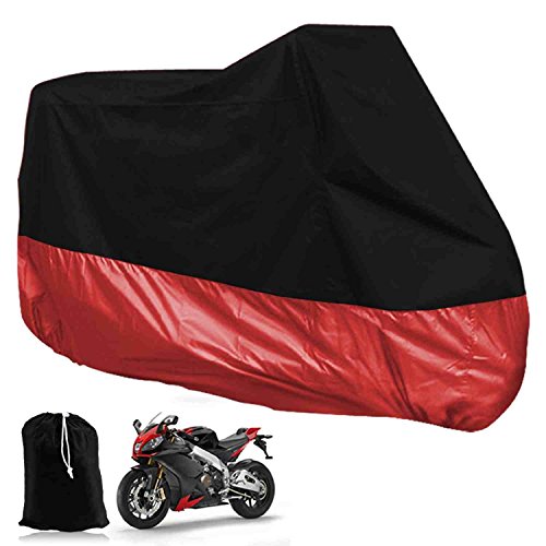 Funda para Moto Cubierta de Moto Protector Poliéster Impermeable Reflectante Motocicleta Anti-Polvo Lluvia Nieve UV Agua Aire Libre con el Bolso del Almacenaje Talla XXL (265cm) Cubierta para Moto/Motocicleta Negro y Rojo