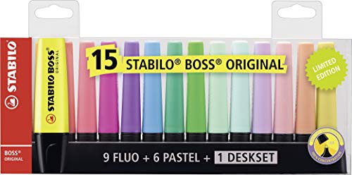 Marcador STABILO BOSS Original - Set de mesa con 9 colores fluorescentes y 6 colores pastel