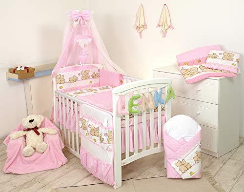 PRO COSMO 11 Piezas juego de ropa de cama para cuna de bebé cama edredón, dosel + soporte (120x60cm, 7 Osos Rosas)