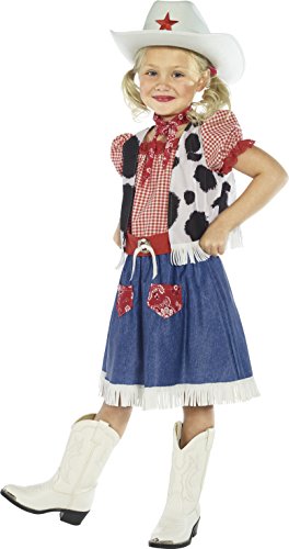 Smiffys-36328M Disfraz de niña vaquerita, con Vestido, Camiseta, Bufanda, cinturón y somb, Color Azul, M-Edad 7-9 años (Smiffy'S 36328M)
