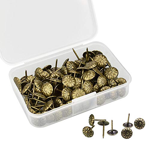 GOLRISEN Tachuelas de Tapicería, 100 unids Chinchetas Tapicería con Caja de Plástico, Clavos Decorativos Antiguos en Forma de Margarita, 11 x 17 mm, Clavos de Tapicería para Tapizar Sillas/Camas/Sofas