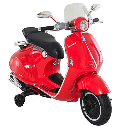 HOMCOM Moto Eléctrica Vespa Faros Música 2 Ruedas Auxiliares para Niños Mayores de 3 Años Motocicleta Infantil Autorizada 108x49x75 cm Rojo