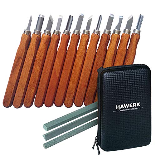 Juego de herramientas de tallado en madera para profesionales y principiantes I 12 piezas. + 3 piedras para afilado + bolsa I por Hawerk Juego de herramientas de tallado en madera para profesionales y principiantes I 12 piezas. + 3 piedras para afilado + bolsa I por Hawerk