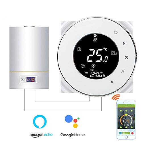 Termostato Inteligente para caldera de gas/agua,Termostato Calefaccion Wifi Pantalla LCD (pantalla TN) Bot¨®n t¨¢ctil retroiluminado programable con Alexa Google Home and Phone APP-Redondo/Blanco