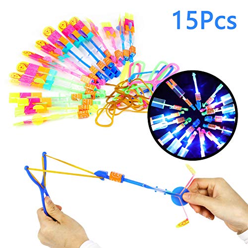 Herefun Helicóptero Vuelo Juguete, 15 Piezas Arrow Rocket Copters con Luz LED con Elástico Elastic Powered Sling Shot Heli, Regalo Divertido y Elástico