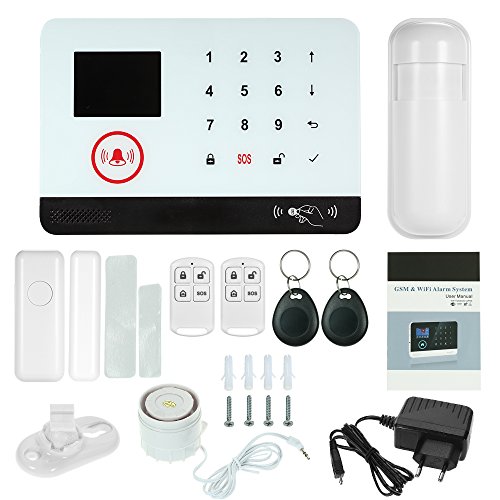 OWSOO 433MHz Sistema de Alarma GSM SMS, Pantalla LCD, Control Remoto de Phone APP, Alarma de Marcación Automática, con Sensor de Puerta/Sensor de Movimiento/Control Remoto/Tarjeta RFID/Sirena Cableada