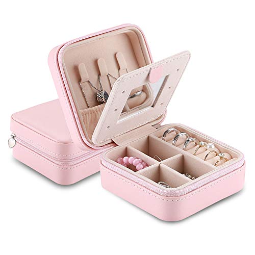 ProCase Estuche Joyero Pequeño, Mini Caja Almacenamiento Portable para Joyería, Organizador de Viaje de Doble Capa con Espejo para Joyas Collares Pendientes Aretes Pulseras Anillos -Rosado