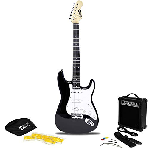 RockJam Superkit Guitarra eléctrica de tamaño completo con amplificador de guitarra, Cuerdas, Correa, Bolsa y cable de guitarra, color Negro