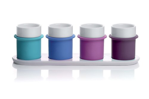 Lexon LH38CC Boly Tea - Lote de Tazas con Plato (Porcelana y Silicona, 33 x 9 x 8,6 cm, 4 Unidades), Colores fríos