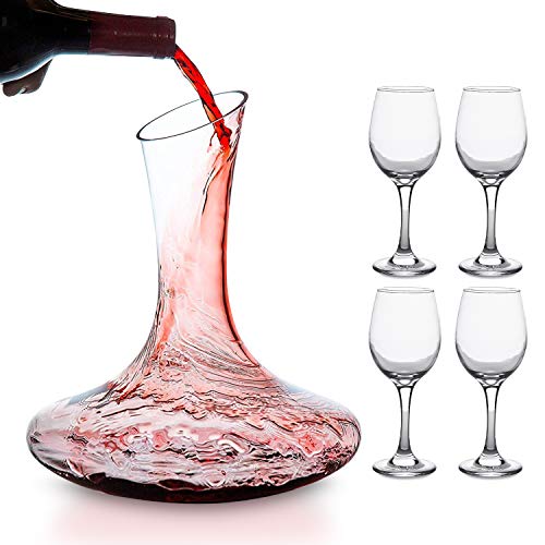 Mafiti Decantador de vino con copas incluídas (cuatro copas de cristal). Jarra conservadora de vino tinto - Regalo ideal enotecas - Accesorio para regalar a los amantes del vino