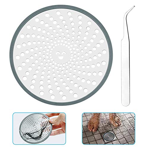 AFASOES Filtro Ducha Pelos 11cm Desague Plato Ducha Filtro Plano Plato de Ducha Acero Inoxidable 304 Filtro de Rejilla Desague Plato Ducha con Borde de Silicona para Baño Ducha Lavabo Inodoro + Pinza