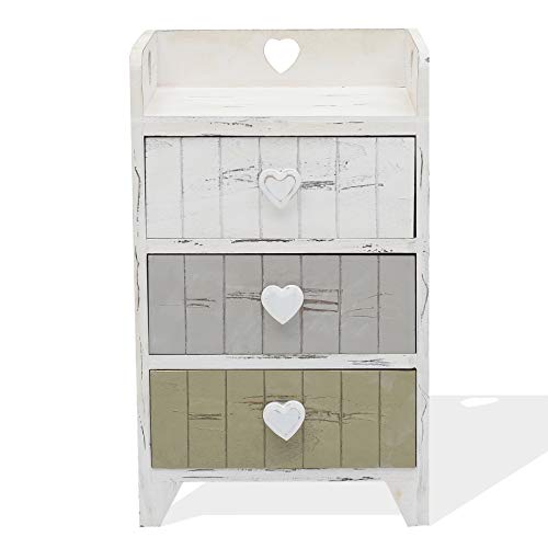 Rebecca Mobili Mesita de Noche con 3 cajones, cajonesra Blanca Beige Gris, Madera de Paulownia, Shabby, Dormitorio baño- Medidas: 58 x 35 x 27 cm (AxANxF) - Art. RE4378