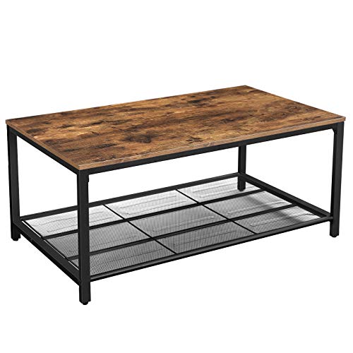 VASAGLE Mesa de Centro, Mesa de Salón con Estante de Malla Densa, Gran Espacio de Almacenamiento, Mesa de Café, Fácil Montaje, Estable, Diseño Industrial, Marrón Rústico LCT64X