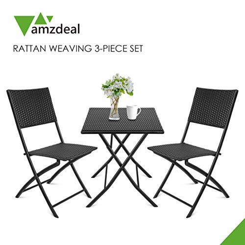 amzdeal Conjuntos de Muebles de Jardín/Balcón/Terraza Material Ratán Tejido 2 Sillas Una Mesa Plegable Negro