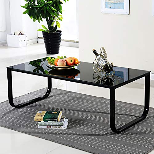 OFCASA Mesa de Centro Rectangular de Salón con Tapa de cristal Negro Mesa de Café Mesa Auxiliar para Habitación Decoración para Hogar Vidrio Templado y Hierro 105*55*42cm