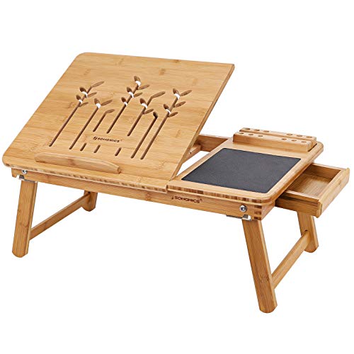 SONGMICS Mesa Plegable de Bambú Natural Tableta Ajustable con Almohadilla de Ratón Cajoncito 55 x 35 x 23 cm LLD006