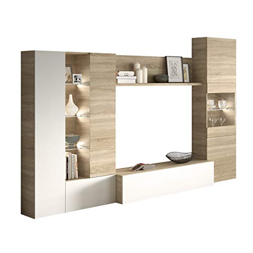 Habitdesign 016642F - Mueble de Comedor con Leds, Acabado en Blanco Brillo y Roble Canadian, Medida 260 cm de Ancho Habitdesign 016642F - Mueble de Comedor con Leds, Acabado en Blanco Brillo y Roble Canadian, Medida 260 cm de Ancho