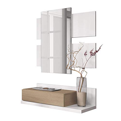 Habitdesign 0F6742A - Recibidor con cajón y Espejo, Mueble de Entrada Modelo Tekkan Acabado en Roble Canadian - Blanco Artik, Medidas: 75 cm (Ancho) x 116 cm (Alto) x 29 cm (Fondo)