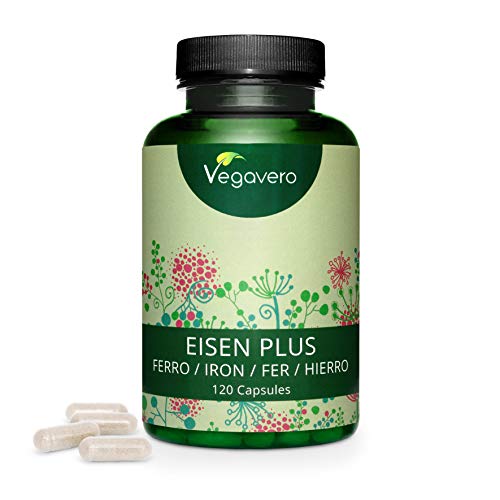 Hierro Vegavero® | Apto Para Veganos | 14 mg=100% CDR | Con Vitamina C + B12 + B2 + B6 + Ácido Fólico | Sin Aditivos | 120 Cápsulas | Anemia + Menstruación + Energía* + Cansancio