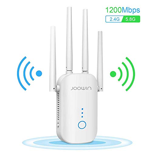 JOOWIN Repetidor WiFi 1200Mbps Amplificador Señal WiFi Banda Dual 2.4GHz y 5GHz Extensor de Red WiFi Enrutador Inalámbrico Punto Acceso (3 Modos, 4 Antenas, Puerto LAN/WAN)