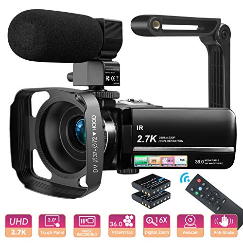 MELCAM Videocámara UHD 2.7K Camcorder 36MP Vlogging Youtube Cámara IR Visión Nocturna 3.0" IPS Touchscreen 16X Zoom Digital Webcámara, con Micrófono Capucha Estabilizador Control Remoto 2 Batería