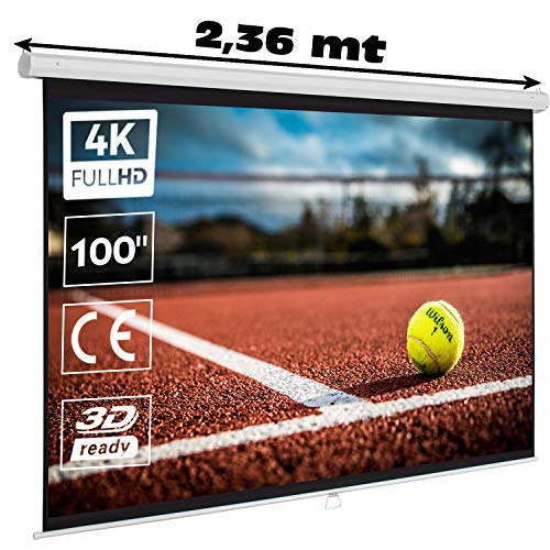 Pantalla Manual Mural de 100" 16:9 , Dimensiones de la Tela 2,20 x 1,14 Metros, cajetin de Acero 2,33 Metros, Pantalla para proyector Compatible con 4K, 16:9