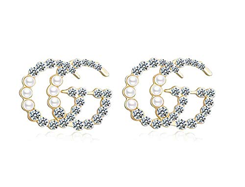 Baobei mujer perlas grandes G pendientes de plata de ley 925 perlas de circonita cúbica letra G pendientes de botón elegante joyería fina para mujeres niñas con joyero