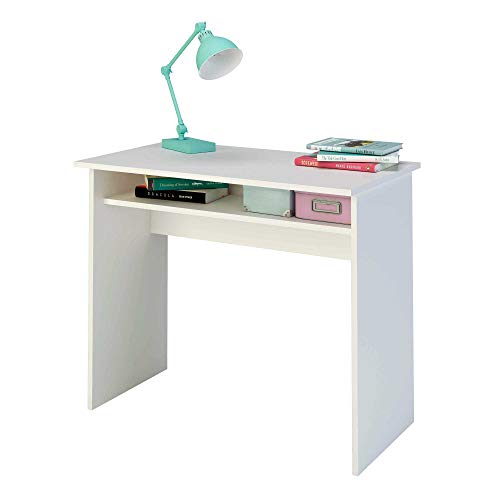 Escritorio de melamina de 90 cm de ancho con balda fija, Samblo Sora, color blanco, madera Escritorio de melamina de 90 cm de ancho con balda fija, Samblo Sora, color blanco, madera