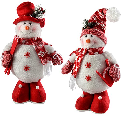 WeRChristmas – Figura Decorativa de pie decoración de Navidad muñecos de Nieve, 33 cm, Color Rojo/Blanco, Juego de 2