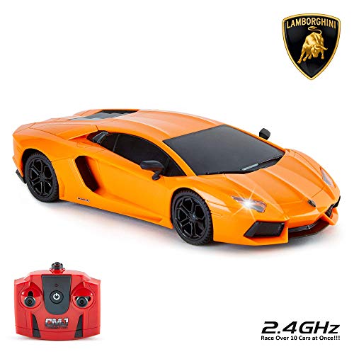 CMJ RC Cars-Cars Lamborghini Aventador Remoto Oficial Luces de Trabajo, Radio Control en Carretera RC Coche 1:24, 27 MHz, Color Naranja, Grandes Juguetes niñas, (LP700-4)