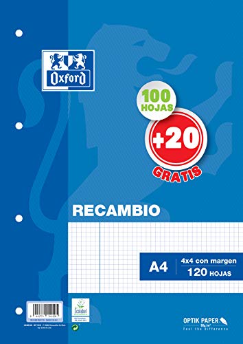 Hojas cuadriculadas A4 Recambio Oxford. 100+20 hojas. Cuadrícula 4x4. Hojas cuadriculadas A4 Recambio Oxford. 100+20 hojas. Cuadrícula 4x4.