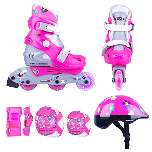 Juego de patines infantiles de línea Polly LED con ruedas iluminadas, tallas 26-29, 30-33, ajustables, set de protección, casco, infantil, 13362, rosa, 30-33 verstellbar