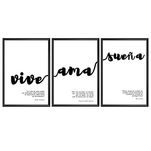 Láminas Decorativas para Enmarcar. Set de 3 Láminas Modernas Estilo Nórdico de Frases Motivadoras en Blanco y Negro [Vive, AMA, SUEÑA]. Láminas Decorativas para Salón | A4 21 x 30 cm.