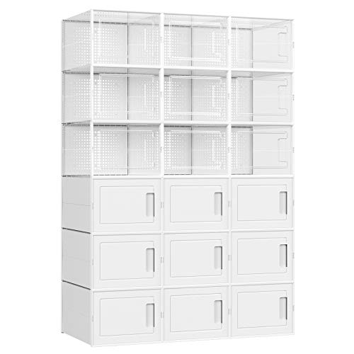 SONGMICS Cajas de Zapatos, Juego de 18 Organizadores de Plástico para Almacenamiento de Zapatos, Apilables y Plegables, hasta Talla 44, 9 Cubos Transparentes y 9 Cubos Blancos LSP009W01